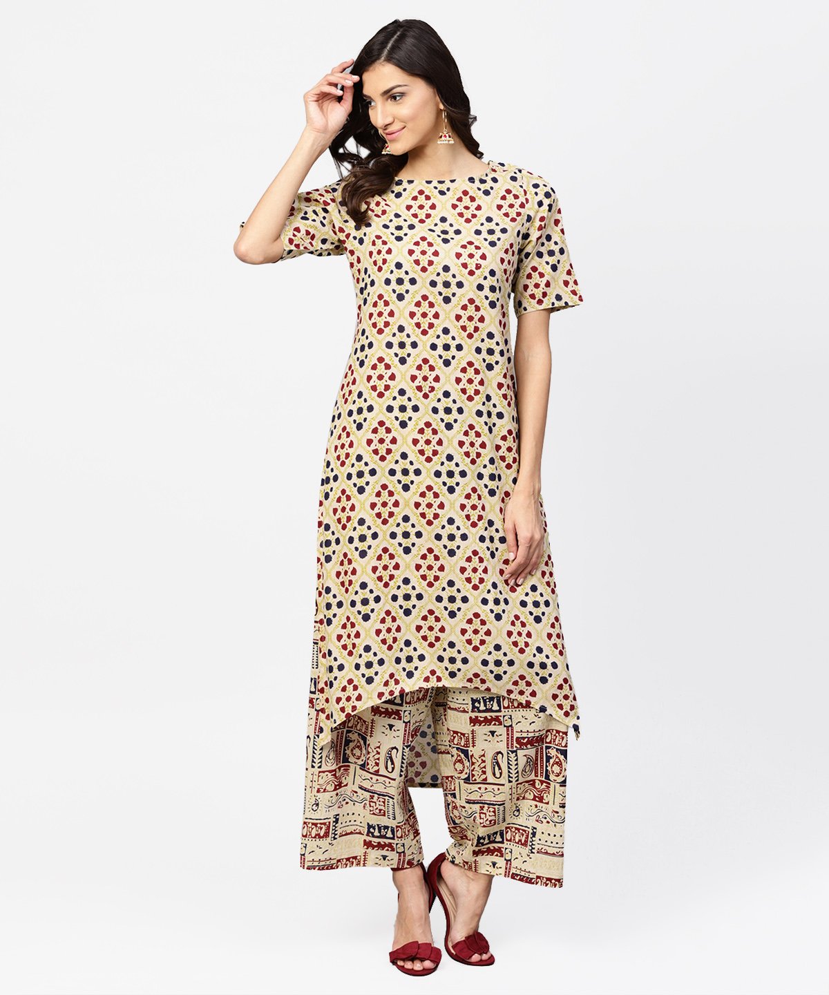 Cream Printed Half Sleeve Kurta With Ankle Length Palazzo | LASVINI - Redefining Indian Fashion with Elegance