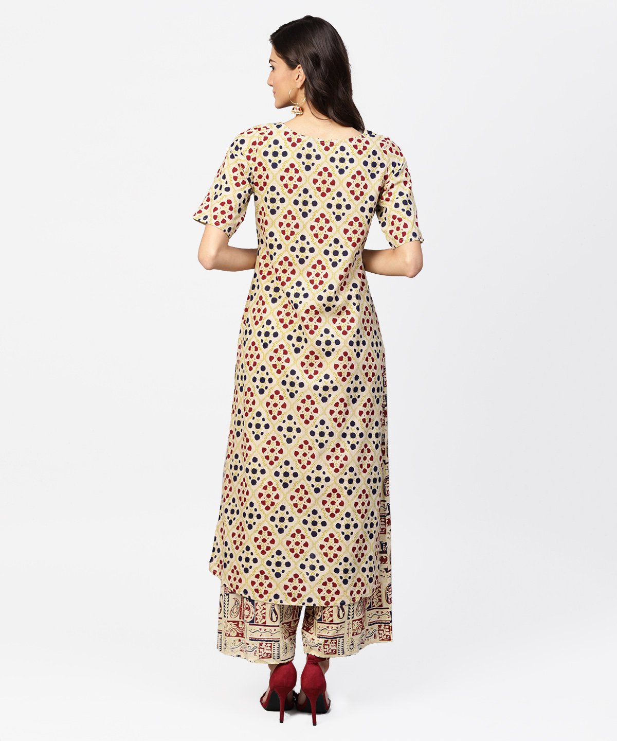 Cream Printed Half Sleeve Kurta With Ankle Length Palazzo | LASVINI - Redefining Indian Fashion with Elegance