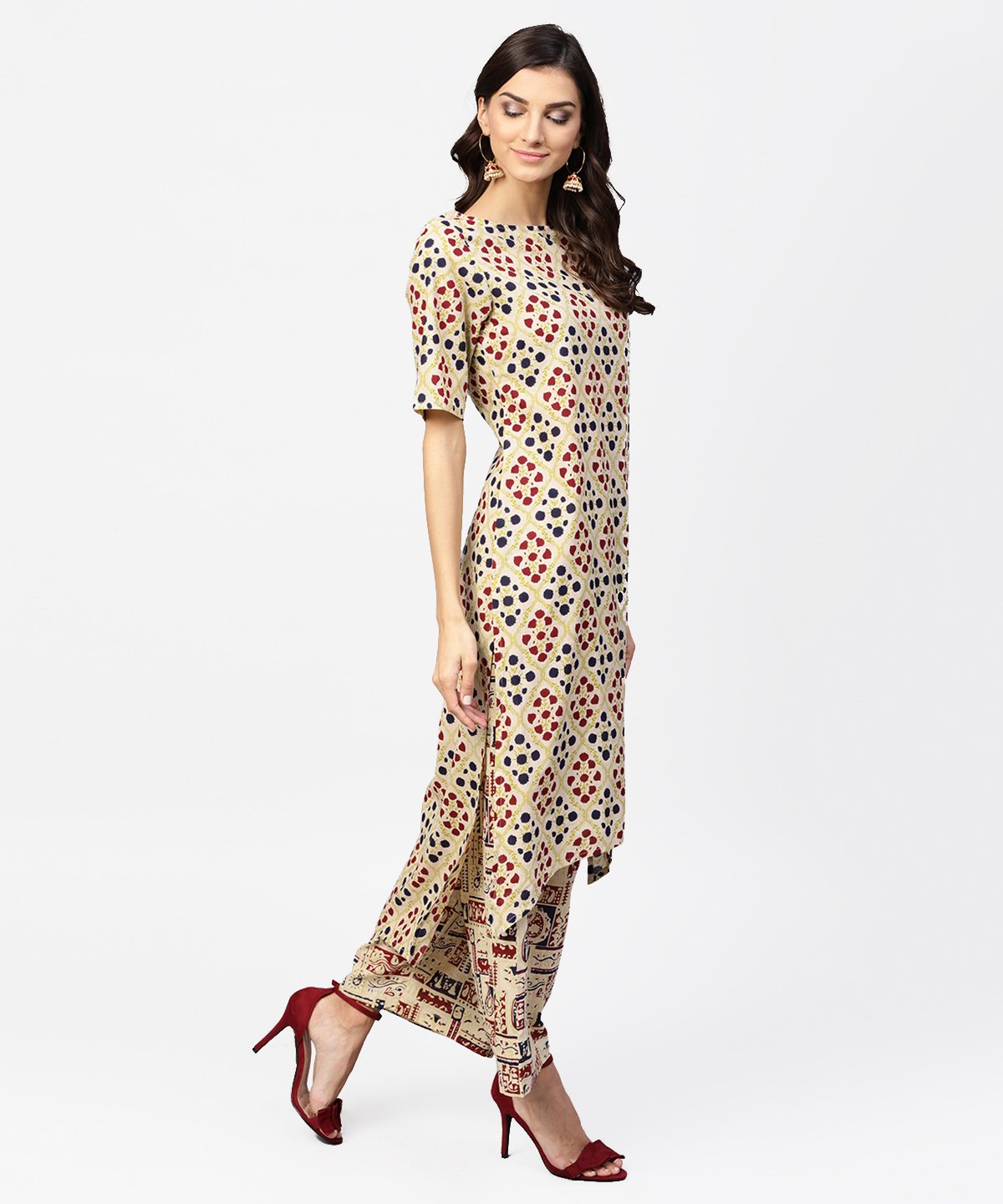 Cream Printed Half Sleeve Kurta With Ankle Length Palazzo | LASVINI - Redefining Indian Fashion with Elegance