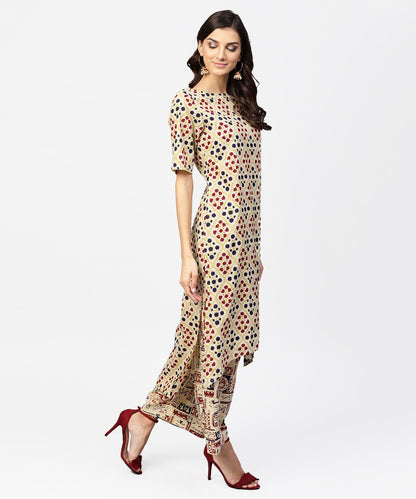 Cream Printed Half Sleeve Kurta With Ankle Length Palazzo | LASVINI - Redefining Indian Fashion with Elegance