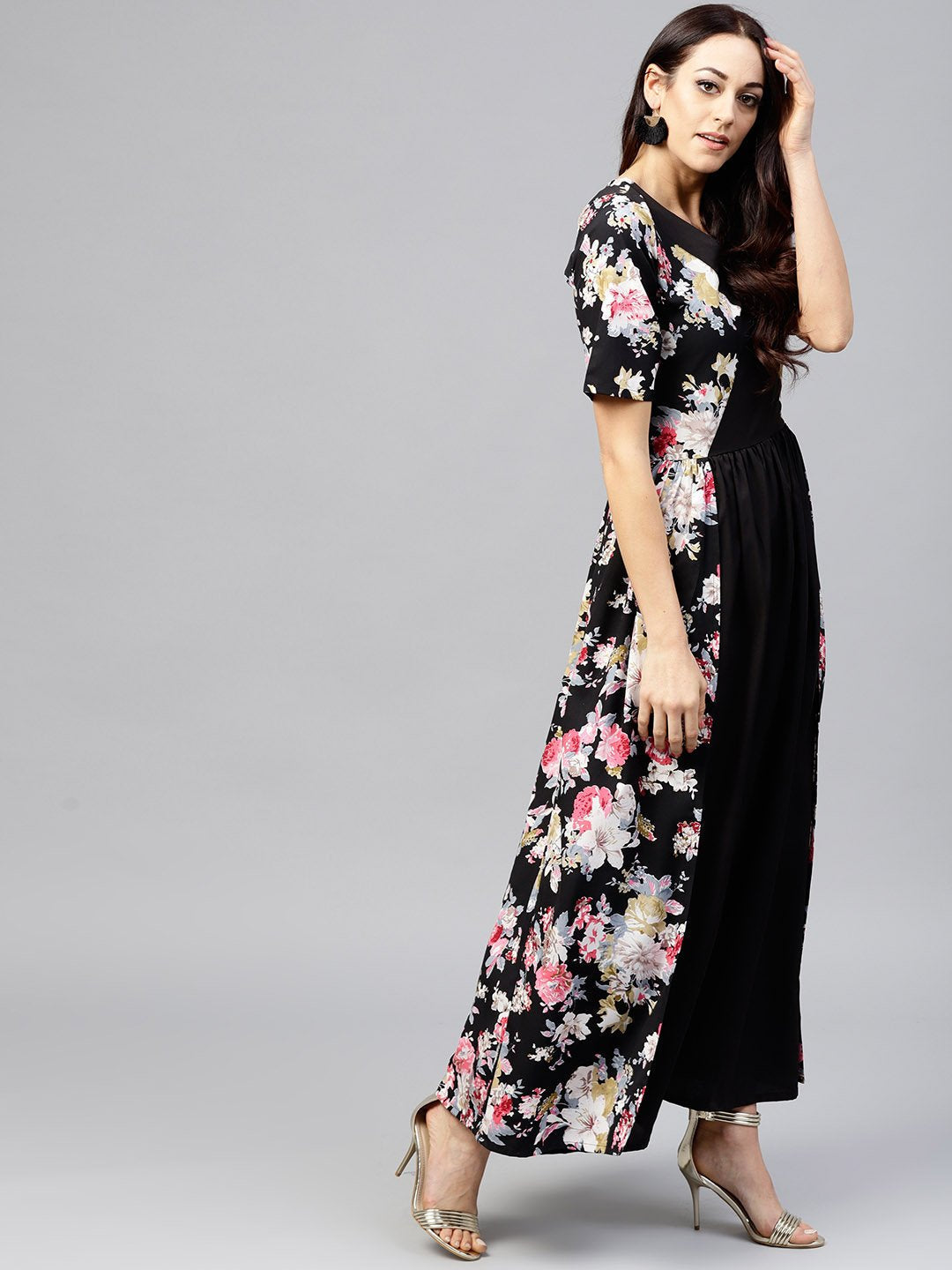 Black Maxi Dress With Round Neck And 3/4 Sleeves | LASVINI - Redefining Indian Fashion with Elegance