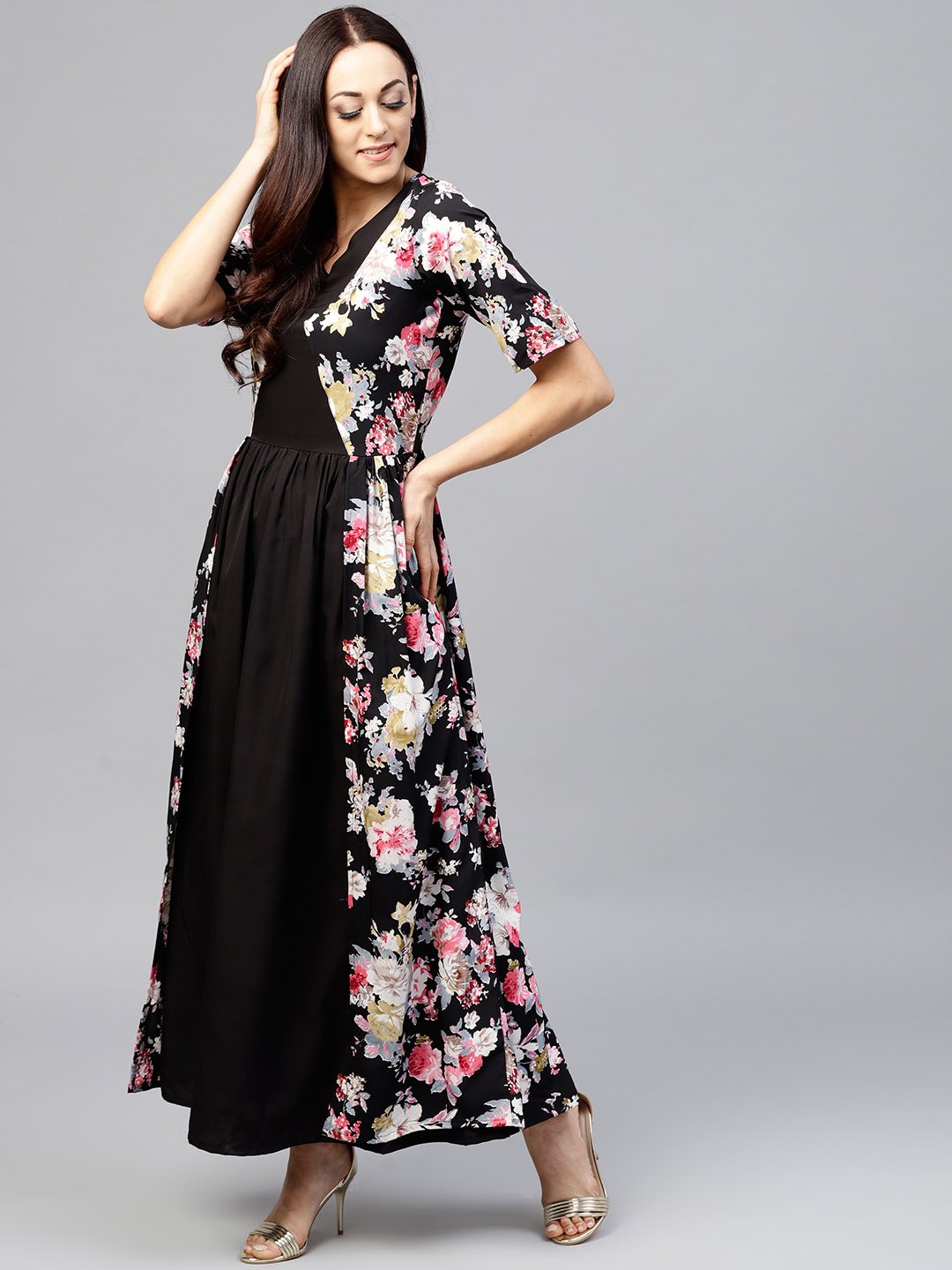Black Maxi Dress With Round Neck And 3/4 Sleeves | LASVINI - Redefining Indian Fashion with Elegance