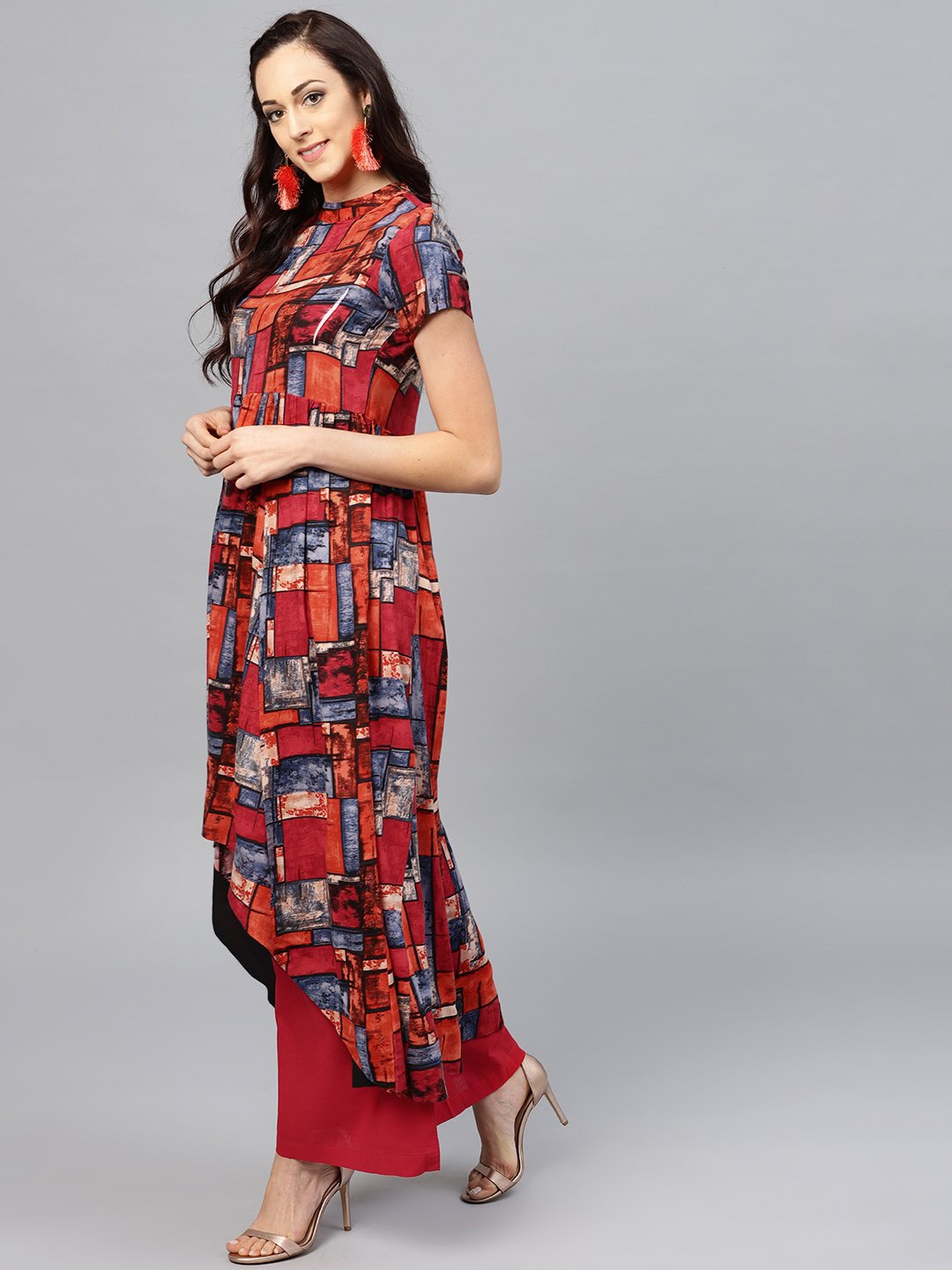 Multi Colored Short Sleeve Rayon Kurta Set With Red Palazzo | LASVINI - Redefining Indian Fashion with Elegance