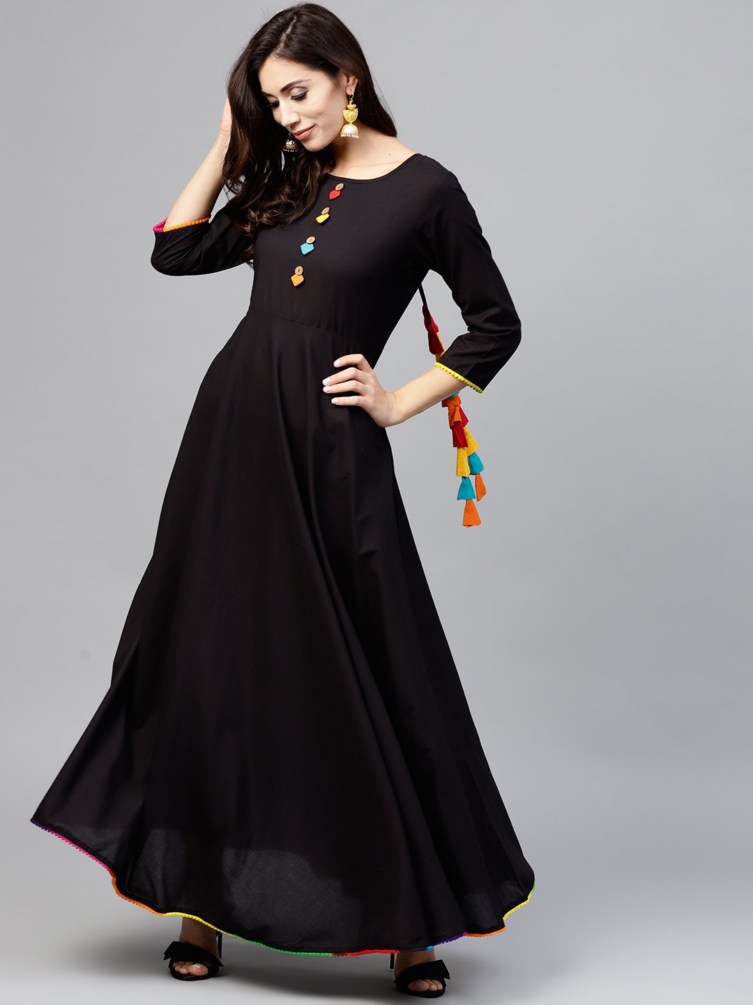Black Maxi Dress With With Round Neck And 3/4 Sleeves | LASVINI - Redefining Indian Fashion with Elegance