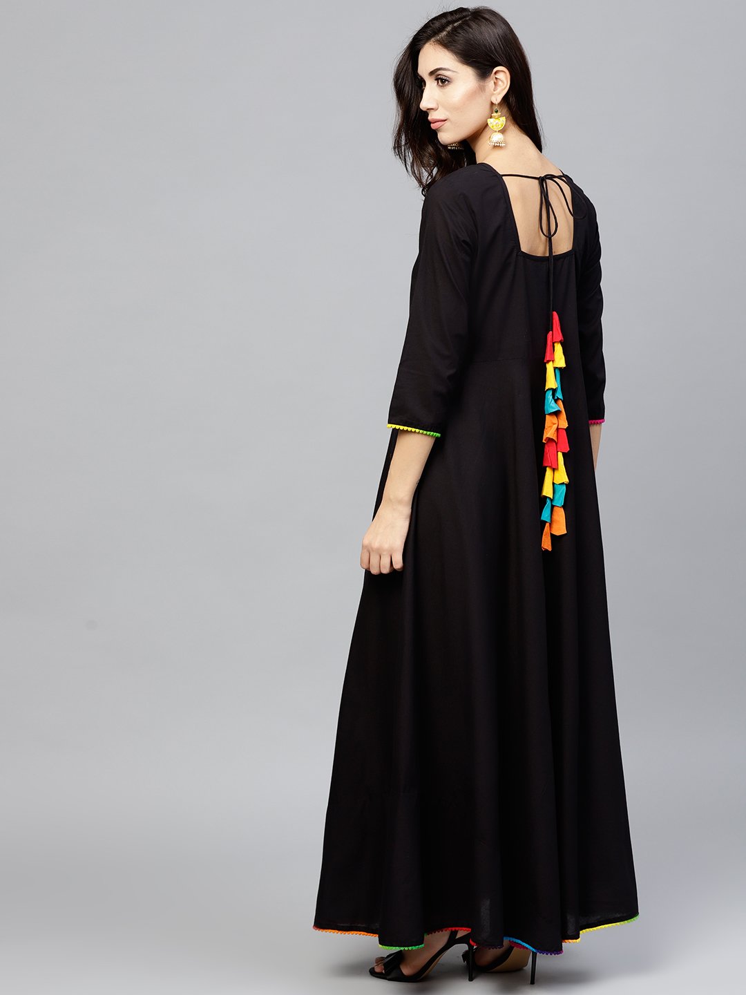 Black Maxi Dress With With Round Neck And 3/4 Sleeves | LASVINI - Redefining Indian Fashion with Elegance