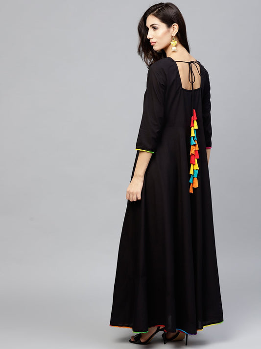 Black Maxi Dress With With Round Neck And 3/4 Sleeves | LASVINI - Redefining Indian Fashion with Elegance
