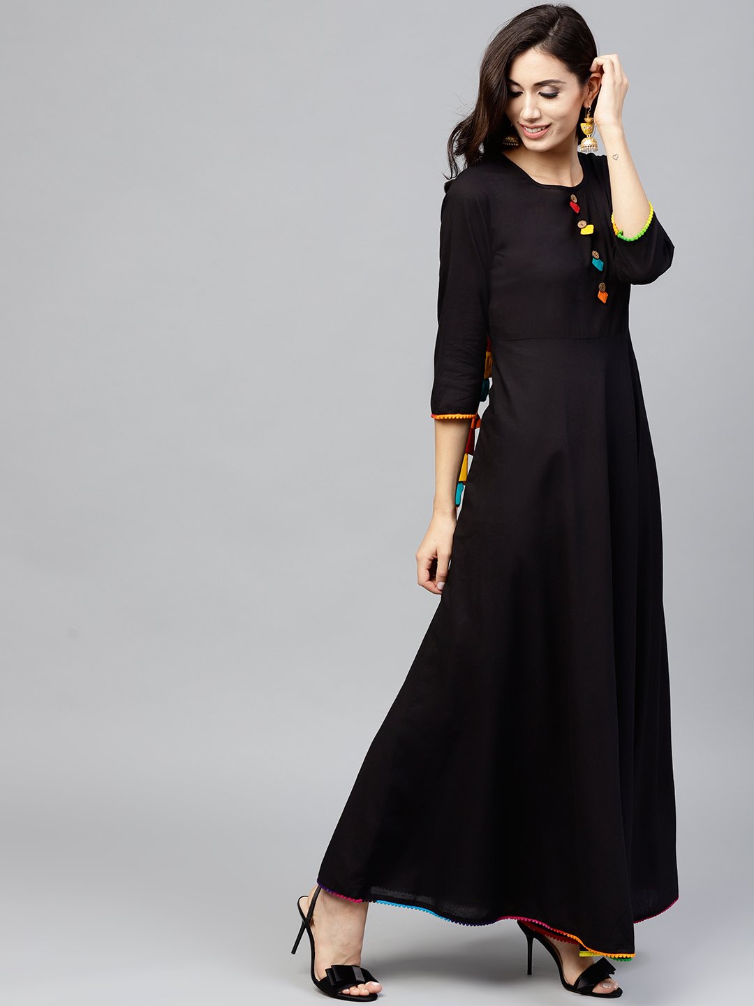 Black Maxi Dress With With Round Neck And 3/4 Sleeves | LASVINI - Redefining Indian Fashion with Elegance