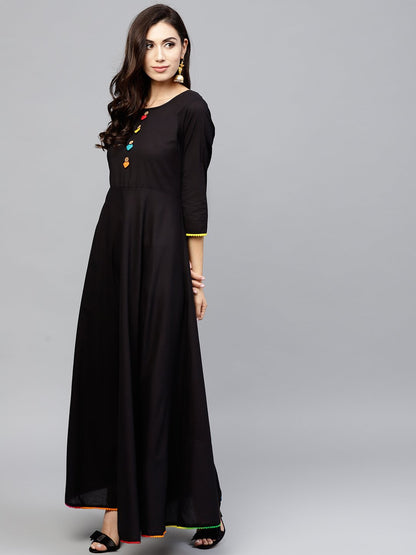Black Maxi Dress With With Round Neck And 3/4 Sleeves | LASVINI - Redefining Indian Fashion with Elegance
