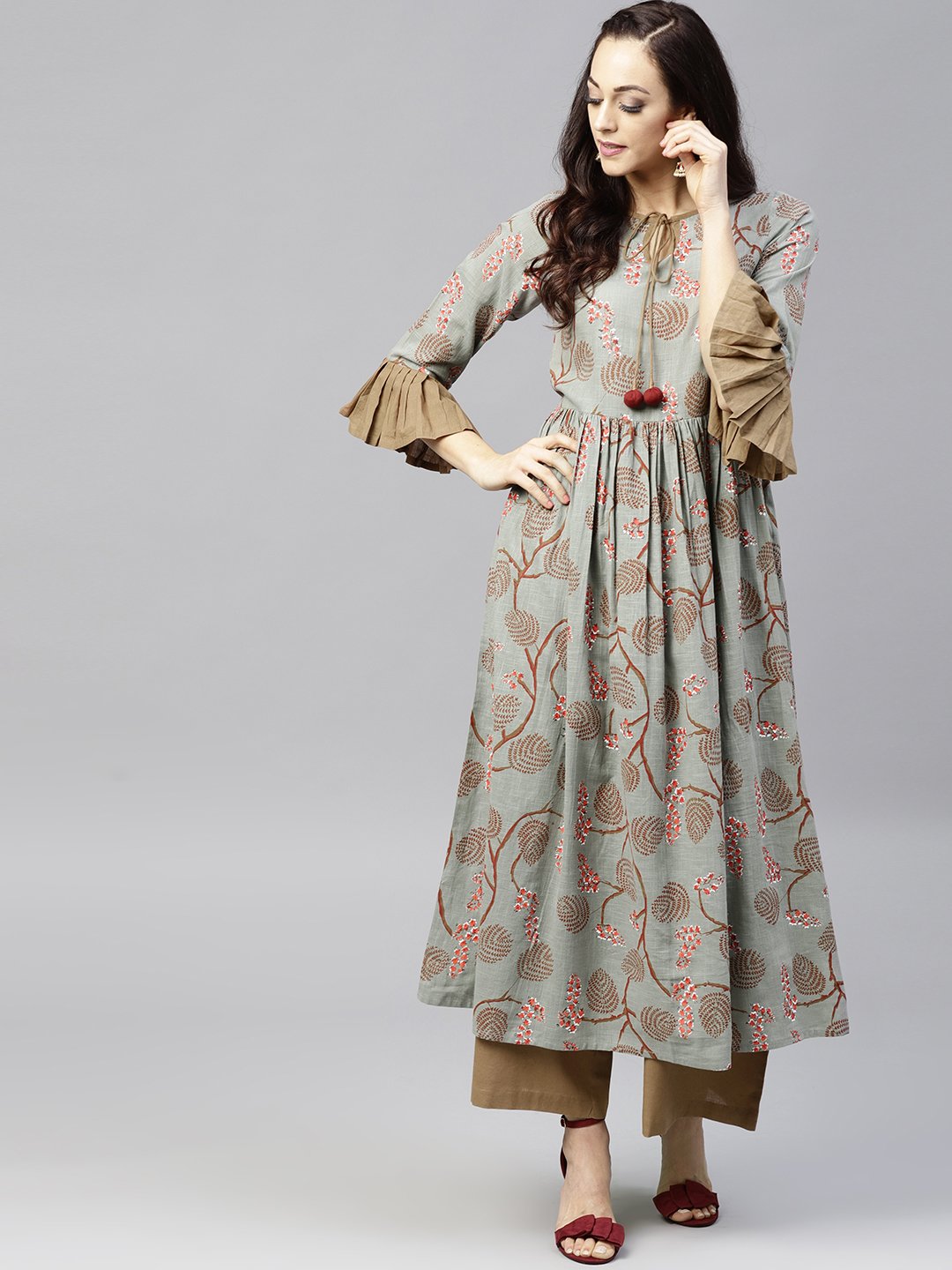 Multi Colored 3/4Th Sleeve Cotton Anarkali Kurta With Solid Ankle Length Palazzo | LASVINI - Redefining Indian Fashion with Elegance