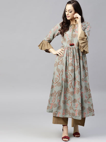 Multi Colored 3/4Th Sleeve Cotton Anarkali Kurta With Solid Ankle Length Palazzo | LASVINI - Redefining Indian Fashion with Elegance