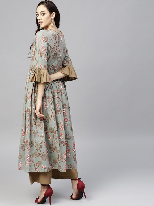 Multi Colored 3/4Th Sleeve Cotton Anarkali Kurta With Solid Ankle Length Palazzo | LASVINI - Redefining Indian Fashion with Elegance