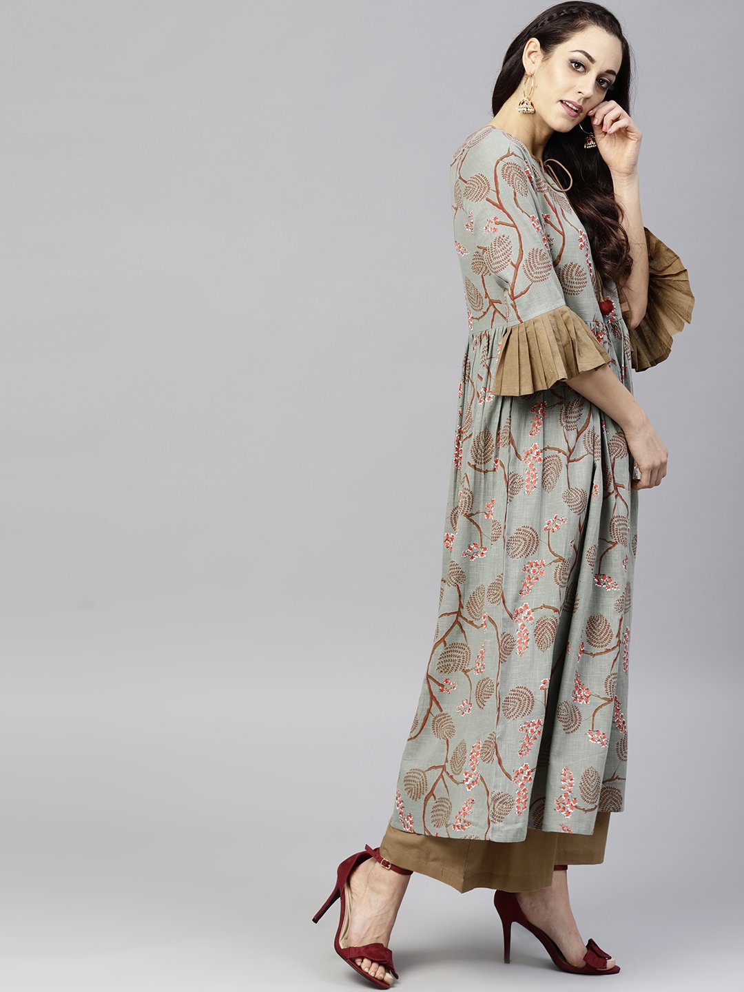 Multi Colored 3/4Th Sleeve Cotton Anarkali Kurta With Solid Ankle Length Palazzo | LASVINI - Redefining Indian Fashion with Elegance