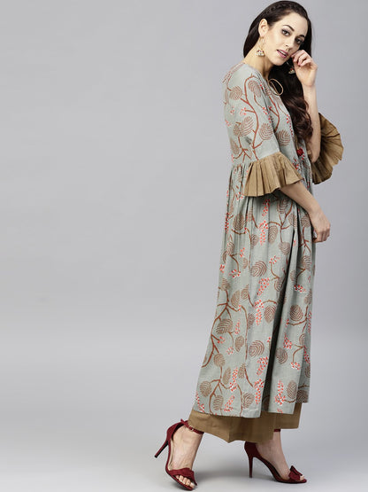 Multi Colored 3/4Th Sleeve Cotton Anarkali Kurta With Solid Ankle Length Palazzo | LASVINI - Redefining Indian Fashion with Elegance