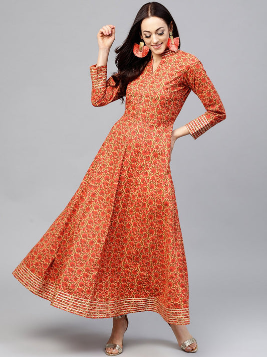 Red Floral Printed Maxi Dress With Madarin Collar Slit And Full Sleeves | LASVINI - Redefining Indian Fashion with Elegance