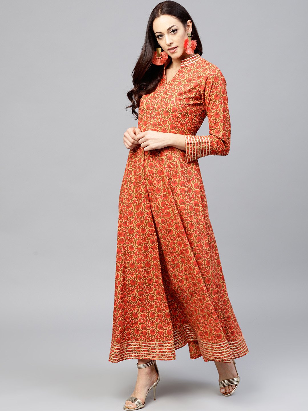 Red Floral Printed Maxi Dress With Madarin Collar Slit And Full Sleeves | LASVINI - Redefining Indian Fashion with Elegance