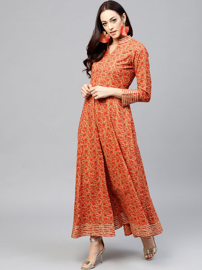 Red Floral Printed Maxi Dress With Madarin Collar Slit And Full Sleeves | LASVINI - Redefining Indian Fashion with Elegance