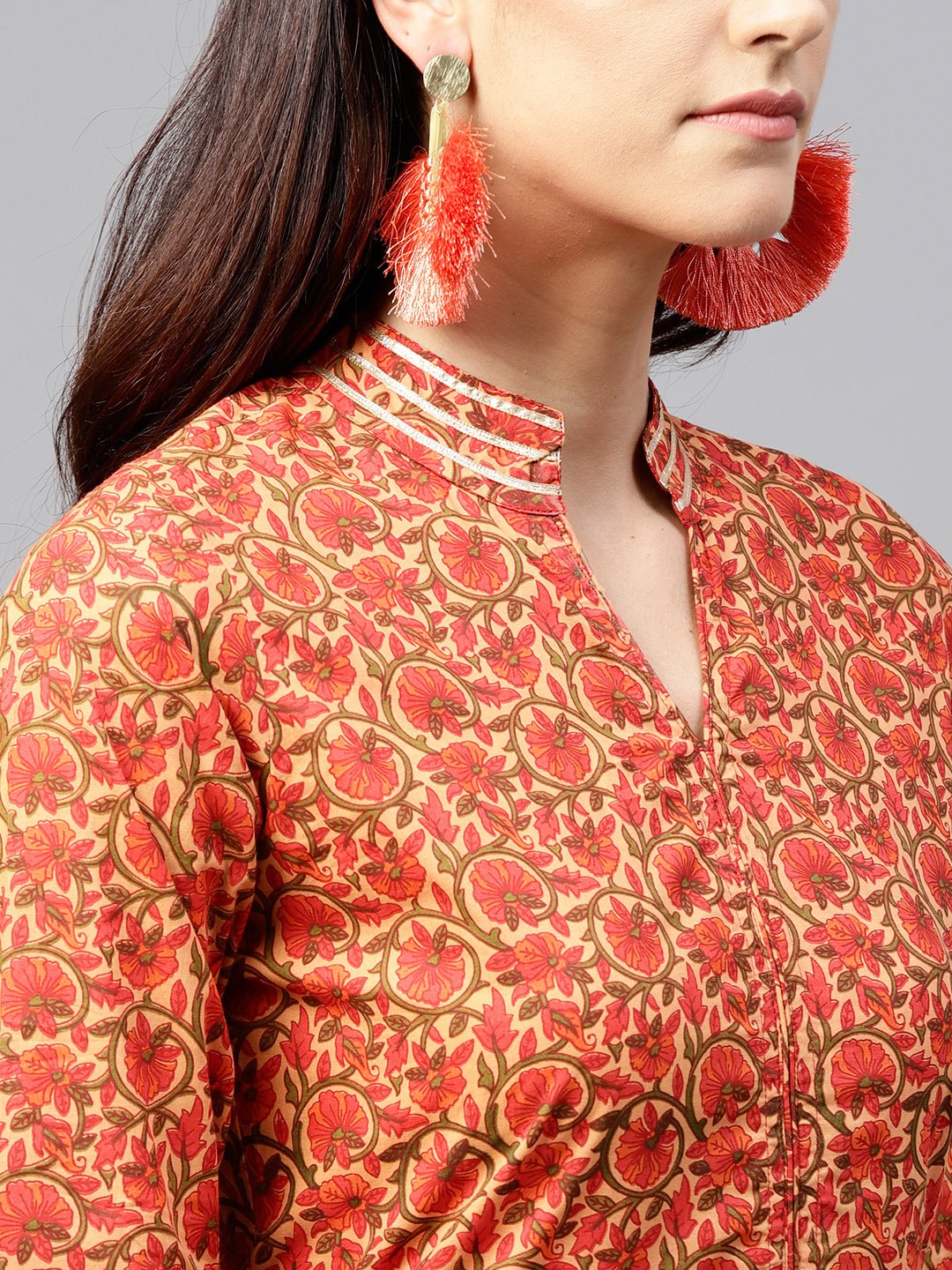 Red Floral Printed Maxi Dress With Madarin Collar Slit And Full Sleeves | LASVINI - Redefining Indian Fashion with Elegance