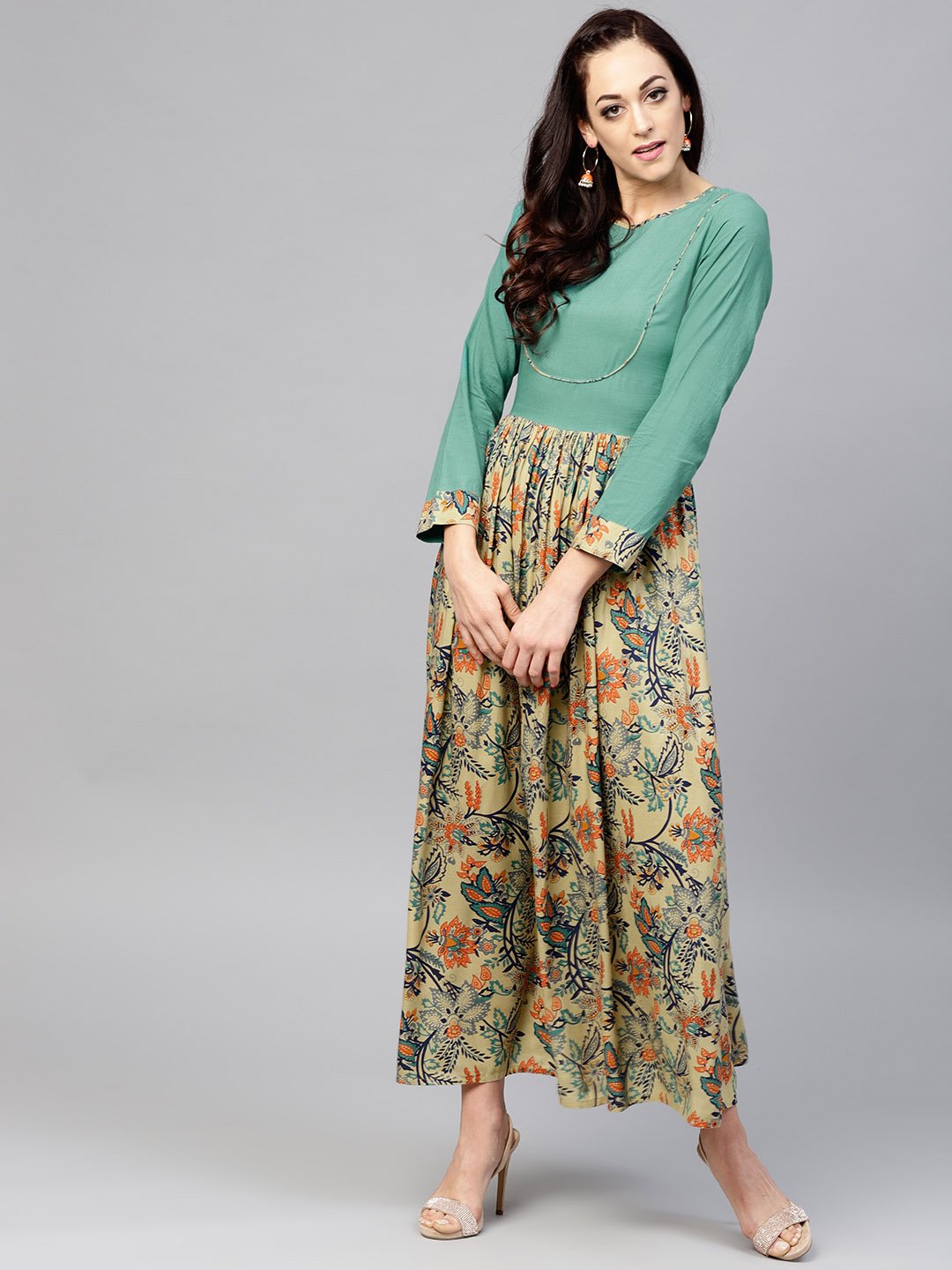 Multi Printed Maxi Dress With Round Neck And Full Sleeves | LASVINI - Redefining Indian Fashion with Elegance