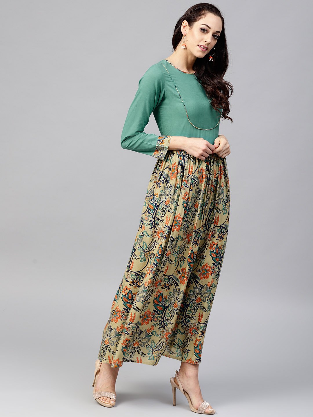 Multi Printed Maxi Dress With Round Neck And Full Sleeves | LASVINI - Redefining Indian Fashion with Elegance