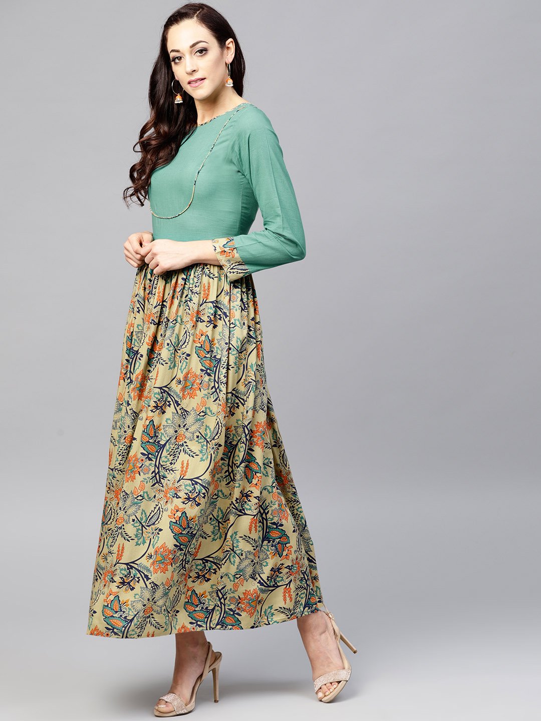 Multi Printed Maxi Dress With Round Neck And Full Sleeves | LASVINI - Redefining Indian Fashion with Elegance