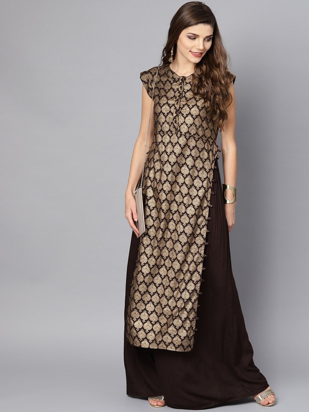 Black And Gold Printed Kurta Set With Ankle Length Skirt | LASVINI - Redefining Indian Fashion with Elegance