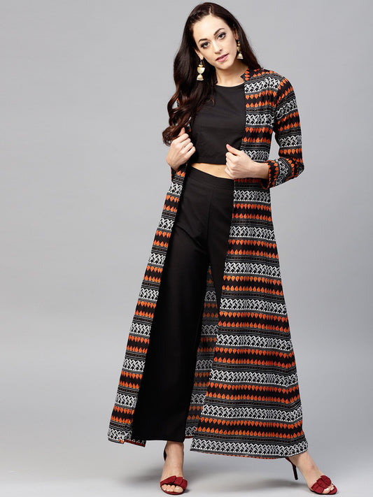 Solid Black Blouse Set With Black Palazzo And Printed Long Jacket | LASVINI - Redefining Indian Fashion with Elegance