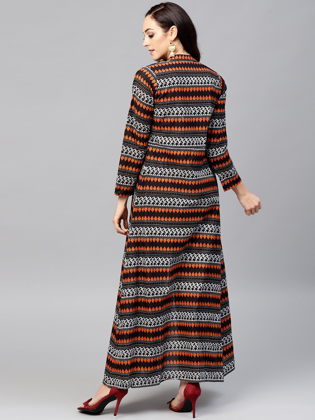 Solid Black Blouse Set With Black Palazzo And Printed Long Jacket | LASVINI - Redefining Indian Fashion with Elegance