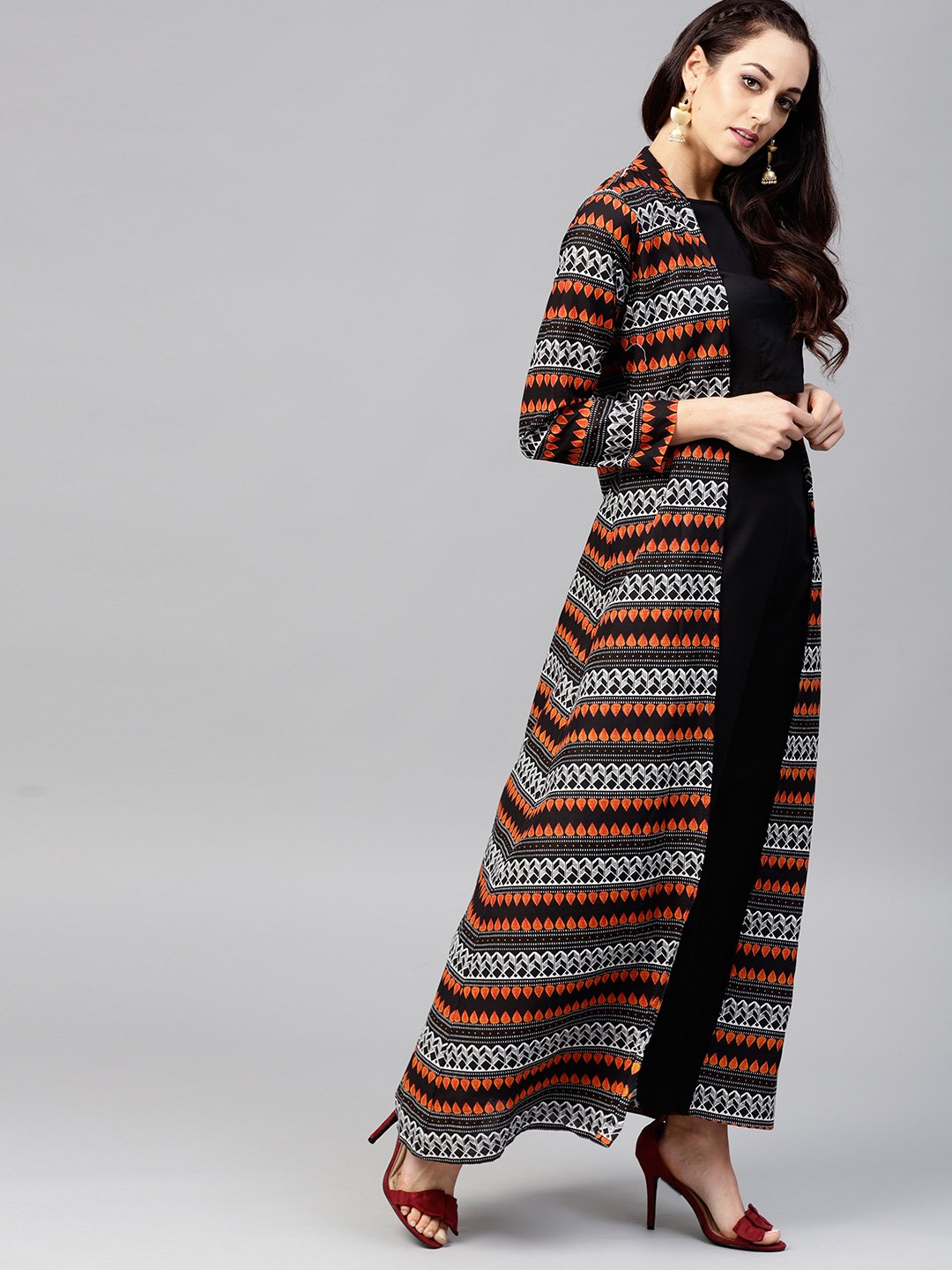 Solid Black Blouse Set With Black Palazzo And Printed Long Jacket | LASVINI - Redefining Indian Fashion with Elegance