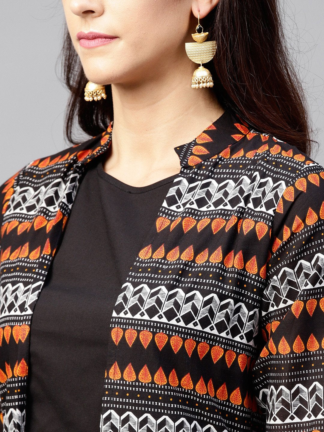 Solid Black Blouse Set With Black Palazzo And Printed Long Jacket | LASVINI - Redefining Indian Fashion with Elegance