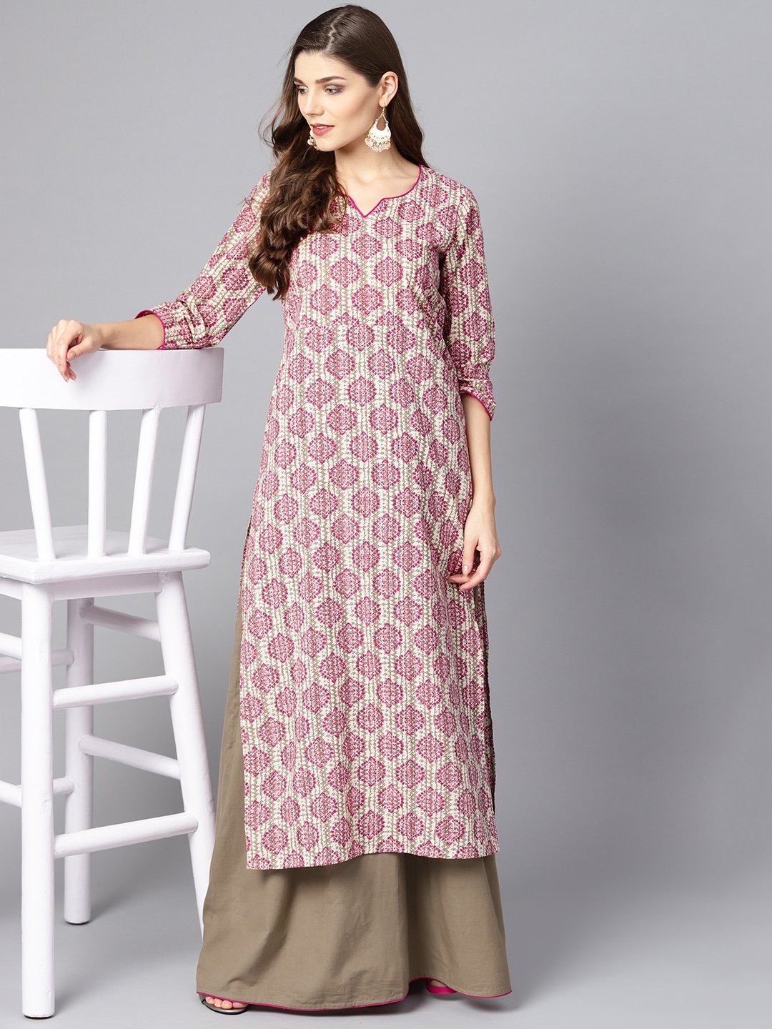Light Grey Printed Kurta Set With Ankle Length Skirt | LASVINI - Redefining Indian Fashion with Elegance