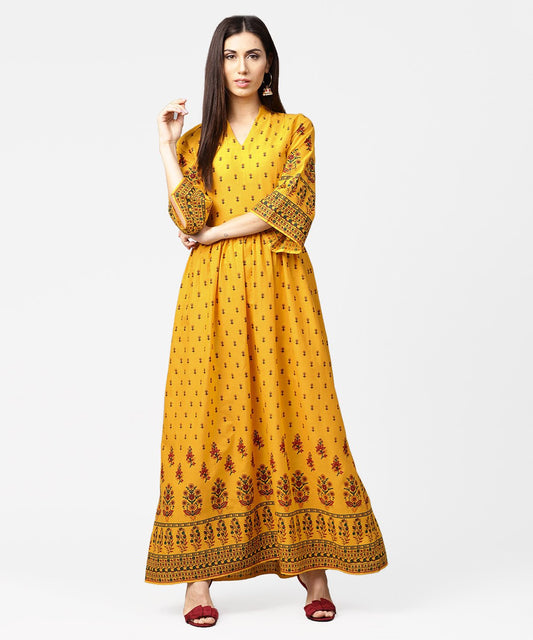 Yellow Printed 3/4Th Flared Sleeve Cotton Maxi Dress | LASVINI - Redefining Indian Fashion with Elegance