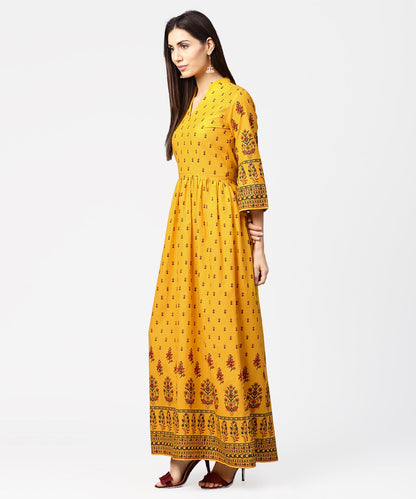 Yellow Printed 3/4Th Flared Sleeve Cotton Maxi Dress | LASVINI - Redefining Indian Fashion with Elegance