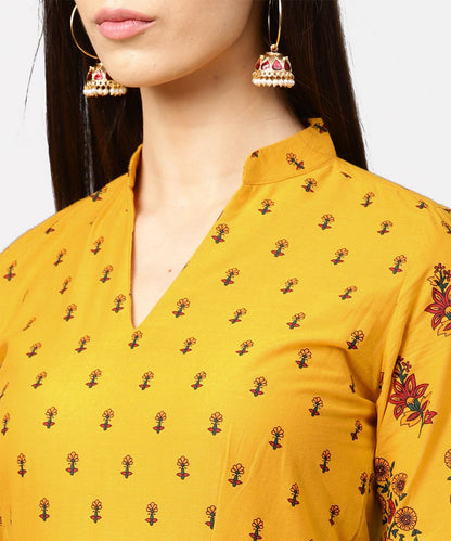 Yellow Printed 3/4Th Flared Sleeve Cotton Maxi Dress | LASVINI - Redefining Indian Fashion with Elegance