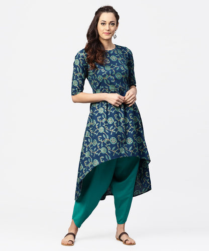 Blue Printed 3/4Th Sleeve Cotton Low High Kurta With Blue Printed Dhoti | LASVINI - Redefining Indian Fashion with Elegance