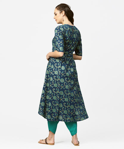 Blue Printed 3/4Th Sleeve Cotton Low High Kurta With Blue Printed Dhoti | LASVINI - Redefining Indian Fashion with Elegance