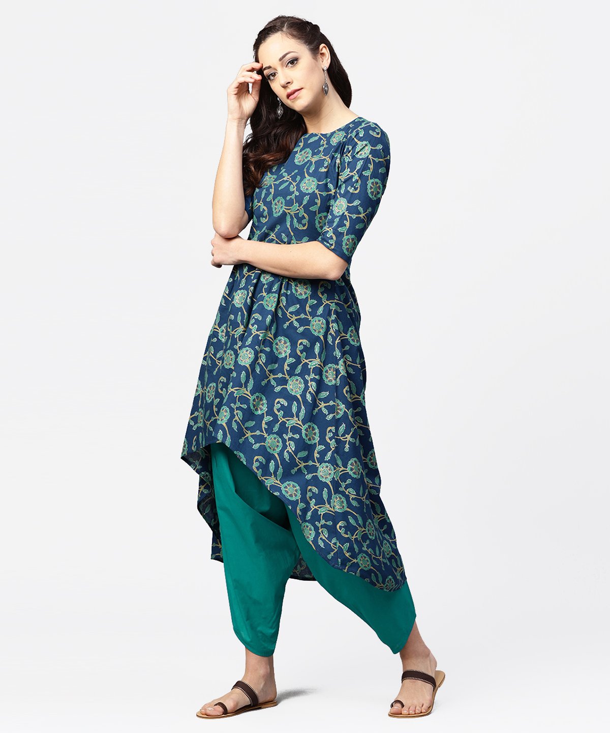 Blue Printed 3/4Th Sleeve Cotton Low High Kurta With Blue Printed Dhoti | LASVINI - Redefining Indian Fashion with Elegance