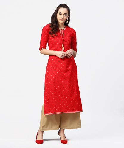 Red 3/4Th Sleeve Dot Printed Cotton Kurta With Beige Pallazo | LASVINI - Redefining Indian Fashion with Elegance