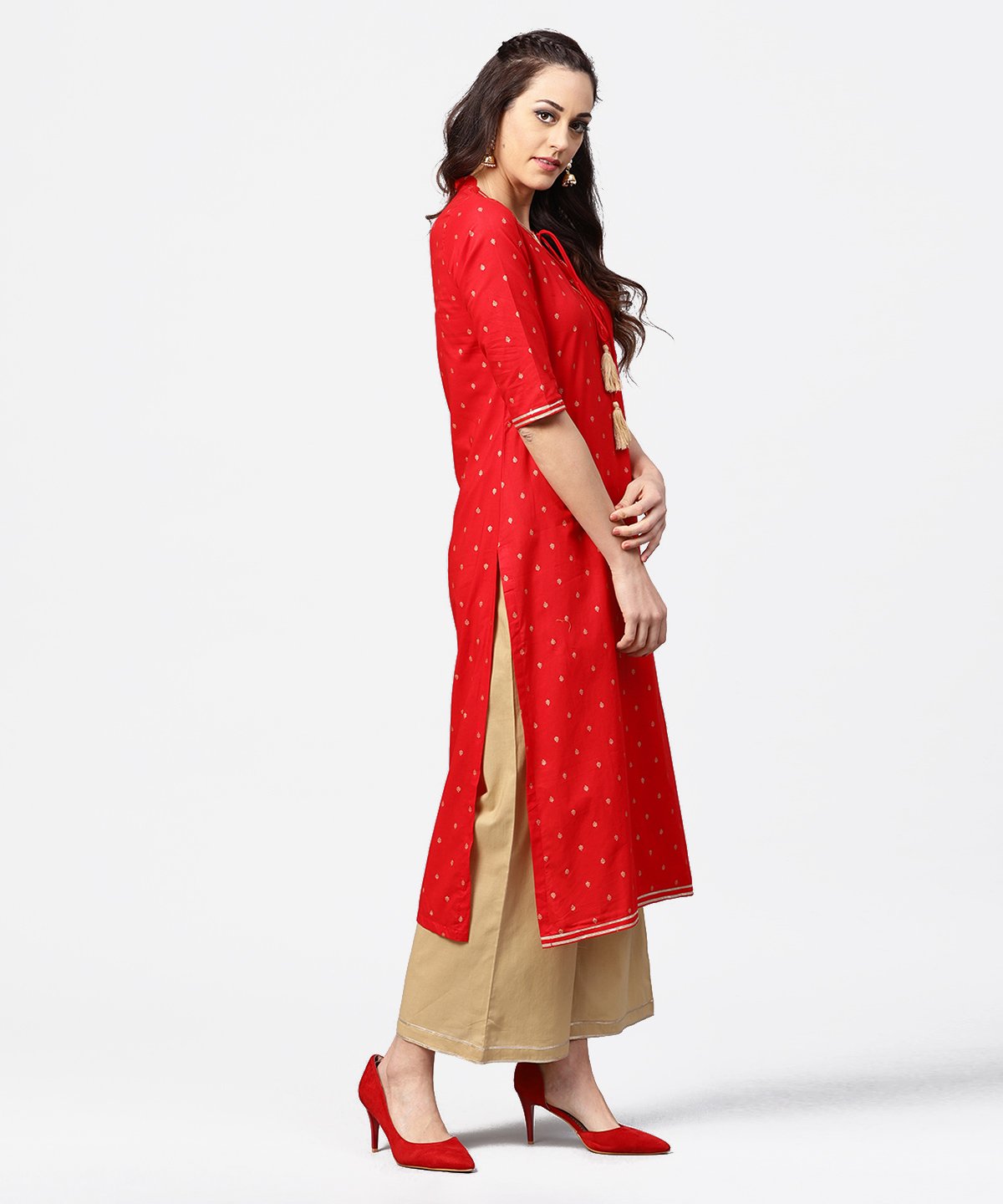Red 3/4Th Sleeve Dot Printed Cotton Kurta With Beige Pallazo | LASVINI - Redefining Indian Fashion with Elegance