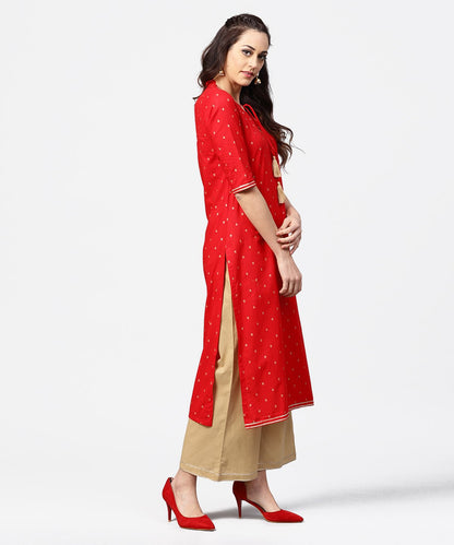 Red 3/4Th Sleeve Dot Printed Cotton Kurta With Beige Pallazo | LASVINI - Redefining Indian Fashion with Elegance