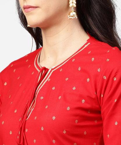 Red 3/4Th Sleeve Dot Printed Cotton Kurta With Beige Pallazo | LASVINI - Redefining Indian Fashion with Elegance