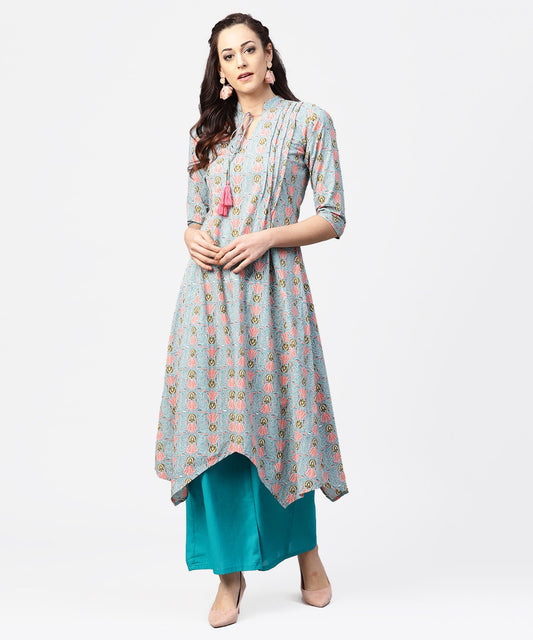 Blue 3/4Th Sleeve Cotton Printed Assymetric Kurta With Ankle Length Pallazo | LASVINI - Redefining Indian Fashion with Elegance
