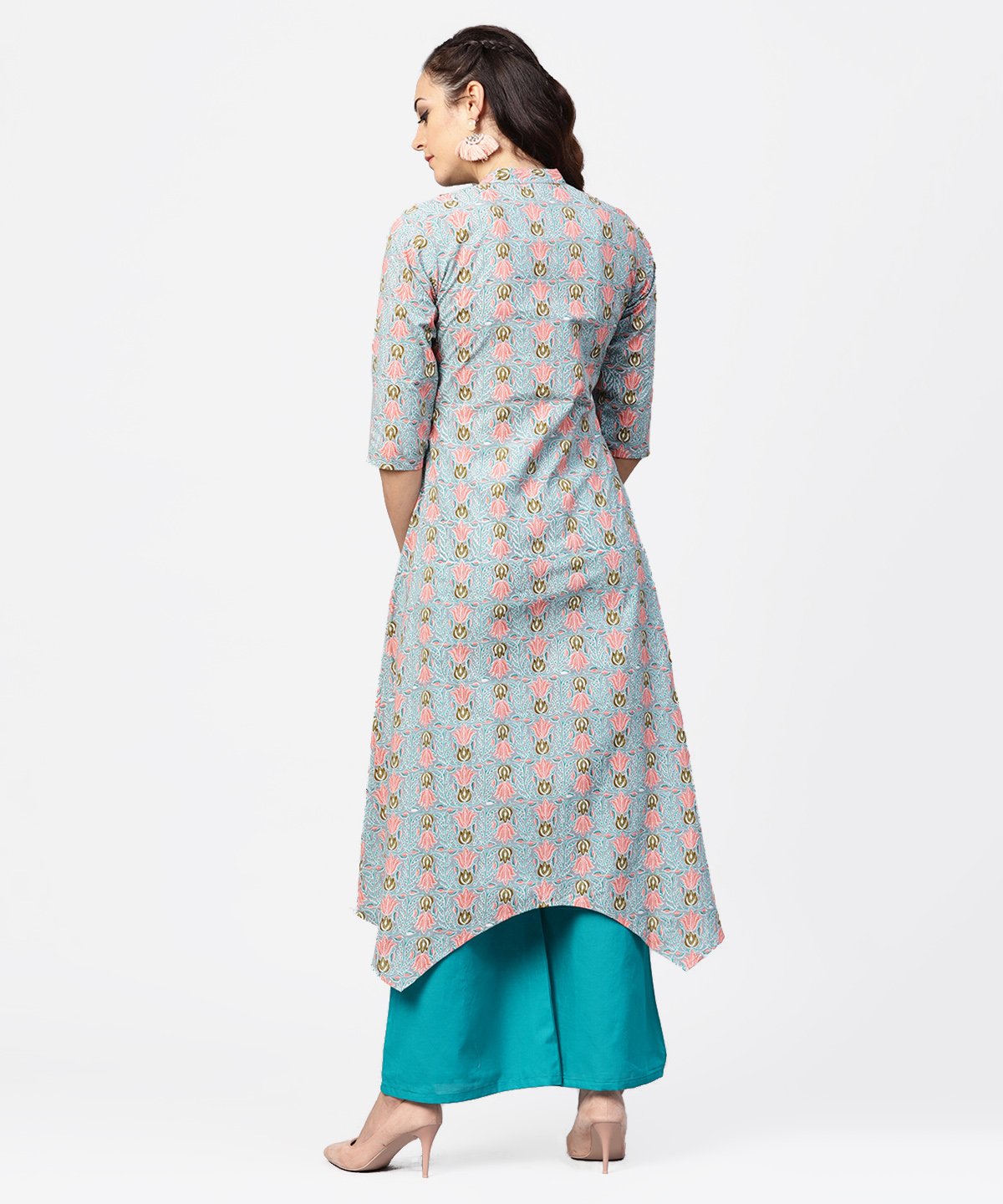 Blue 3/4Th Sleeve Cotton Printed Assymetric Kurta With Ankle Length Pallazo | LASVINI - Redefining Indian Fashion with Elegance
