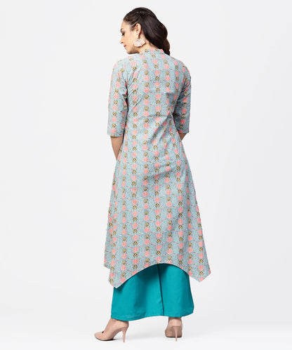 Blue 3/4Th Sleeve Cotton Printed Assymetric Kurta With Ankle Length Pallazo | LASVINI - Redefining Indian Fashion with Elegance
