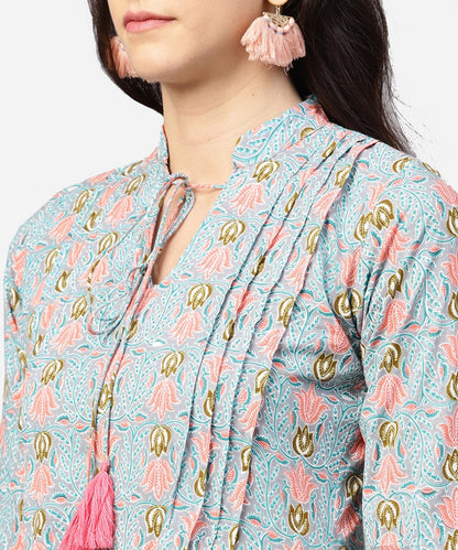 Blue 3/4Th Sleeve Cotton Printed Assymetric Kurta With Ankle Length Pallazo | LASVINI - Redefining Indian Fashion with Elegance