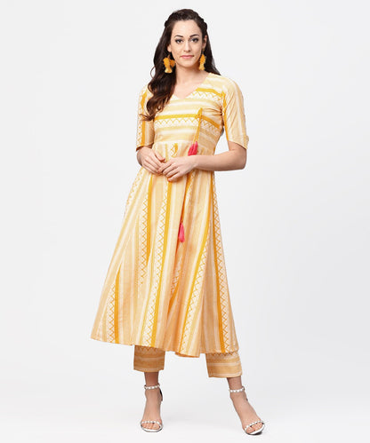 Yellow Printed Half Slevee Cotton A-Line Kurta With Dori Work With Ankle Length Pant | LASVINI - Redefining Indian Fashion with Elegance
