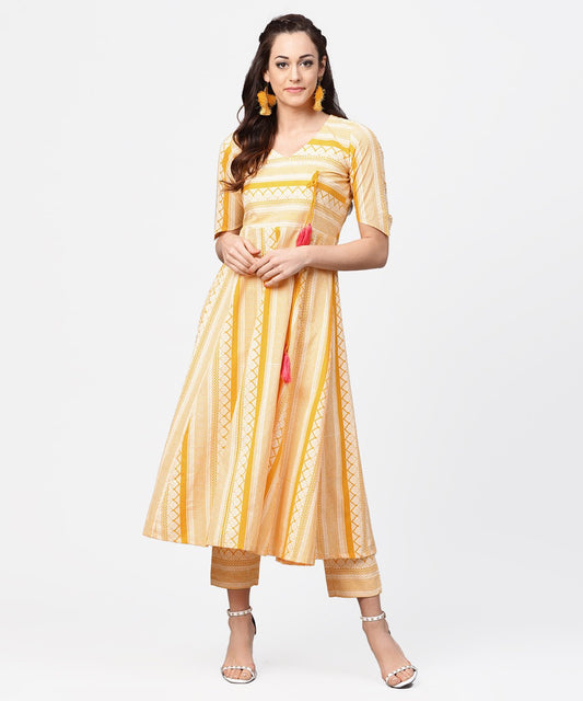 Yellow Printed Half Slevee Cotton A-Line Kurta With Dori Work With Ankle Length Pant | LASVINI - Redefining Indian Fashion with Elegance