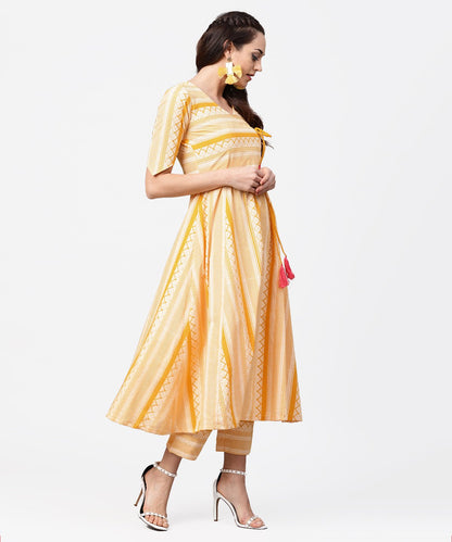Yellow Printed Half Slevee Cotton A-Line Kurta With Dori Work With Ankle Length Pant | LASVINI - Redefining Indian Fashion with Elegance