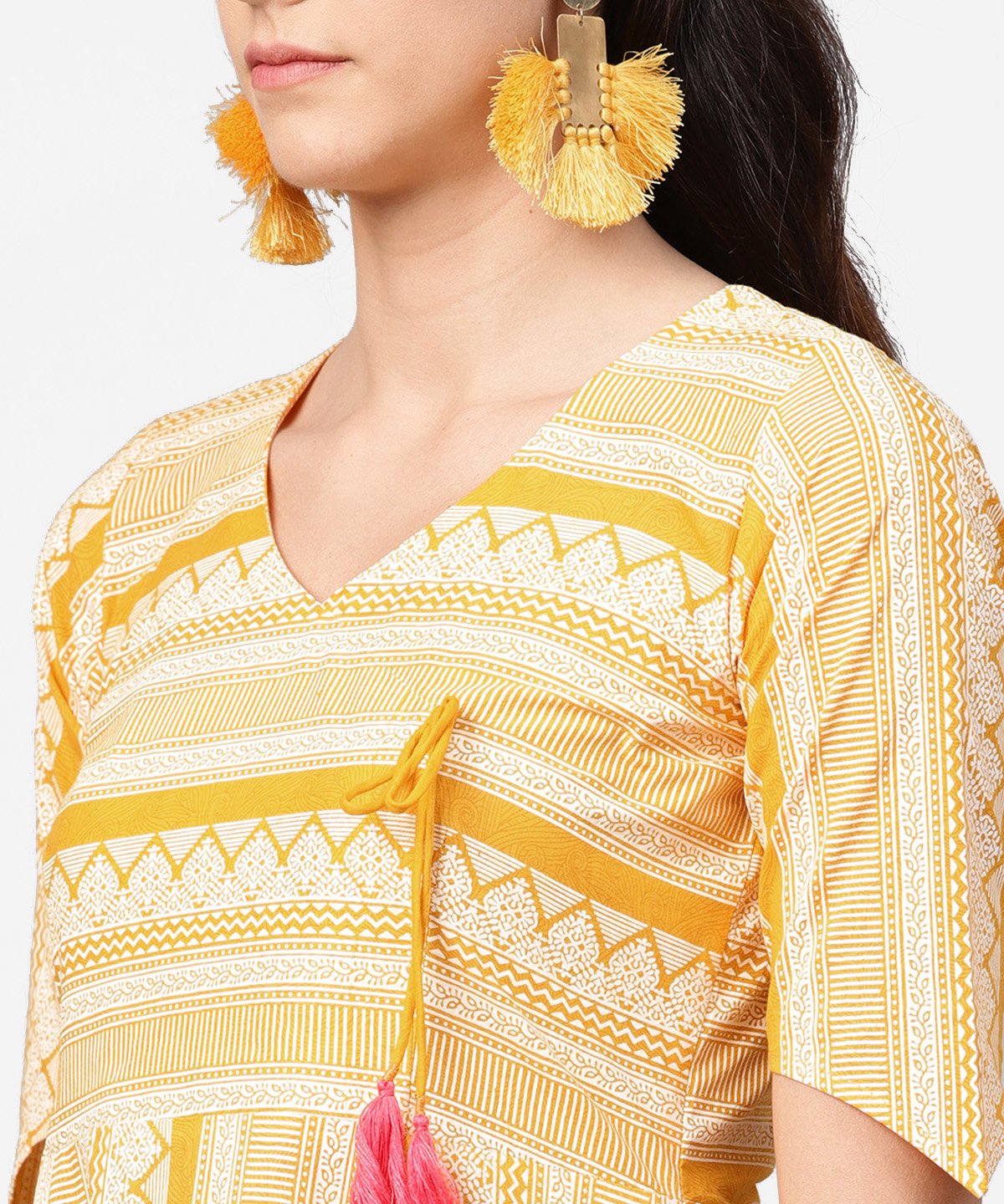 Yellow Printed Half Slevee Cotton A-Line Kurta With Dori Work With Ankle Length Pant | LASVINI - Redefining Indian Fashion with Elegance