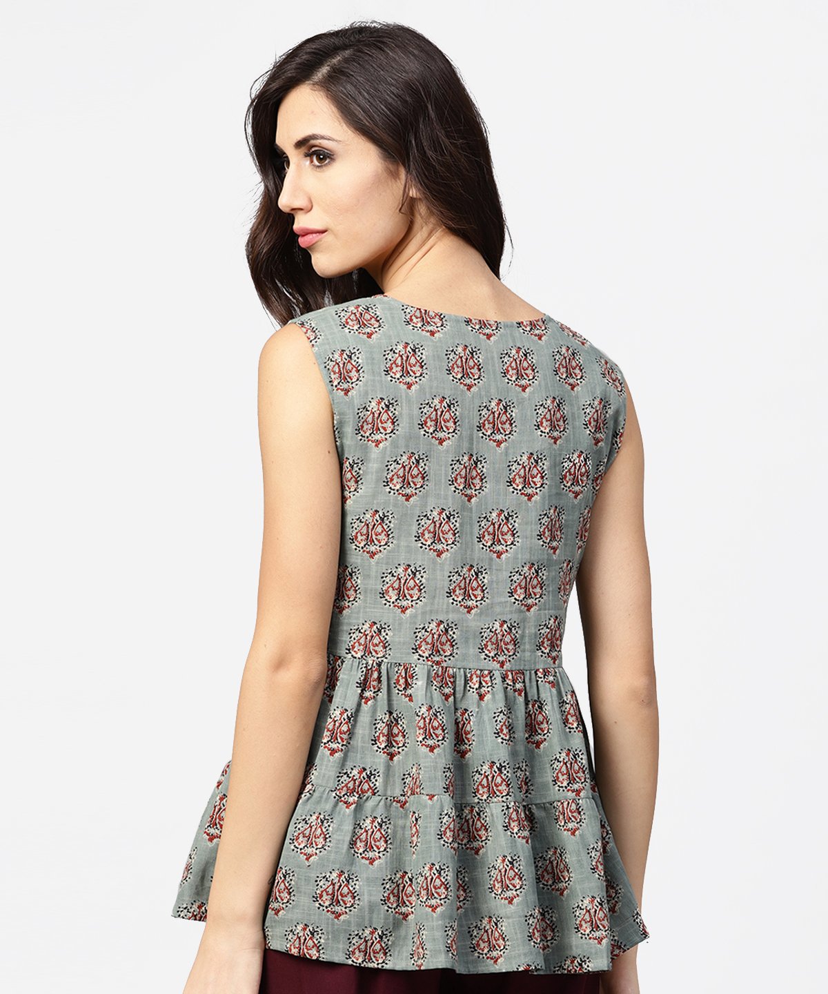 Green Printed Sleeveless Cotton Tiered Style Tunic | LASVINI - Redefining Indian Fashion with Elegance