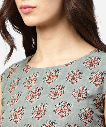 Green Printed Sleeveless Cotton Tiered Style Tunic | LASVINI - Redefining Indian Fashion with Elegance